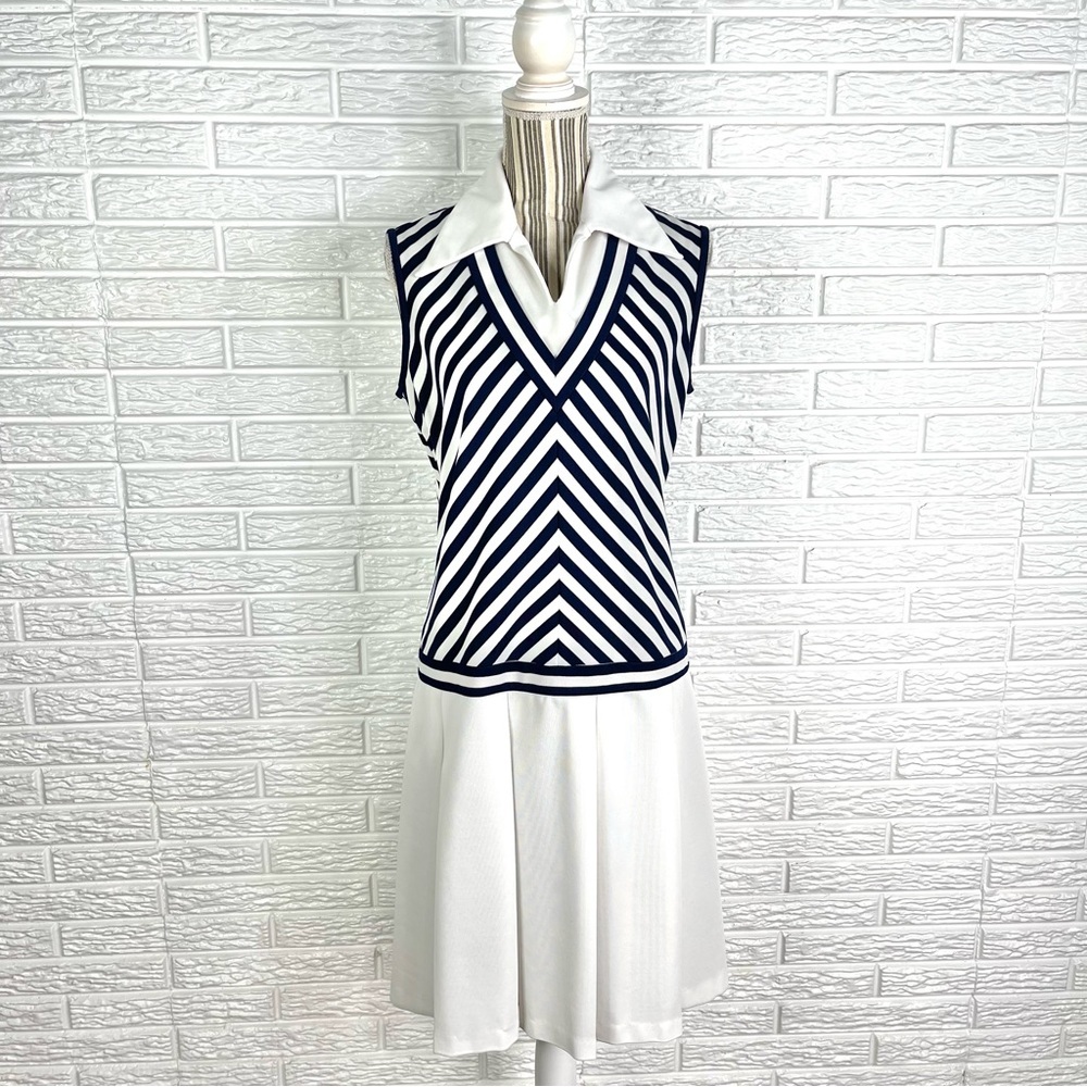Vintage Act Iii White Navy Blue Striped Dress Pleated Skirt Size Large